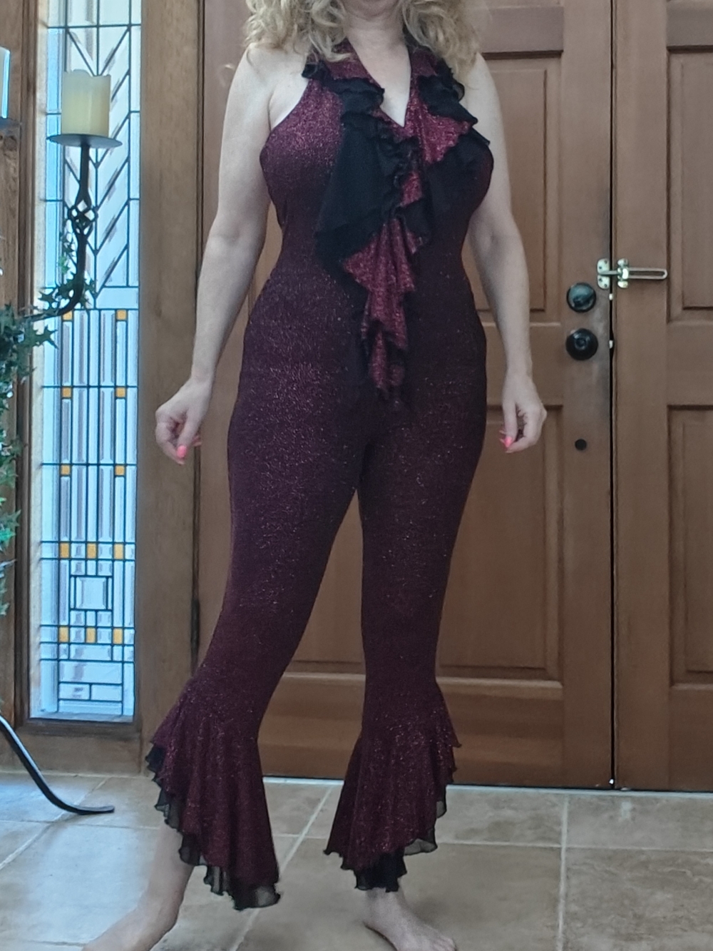 Sparkling Burgundy Ruffle Halter Jumpsuit NWOT